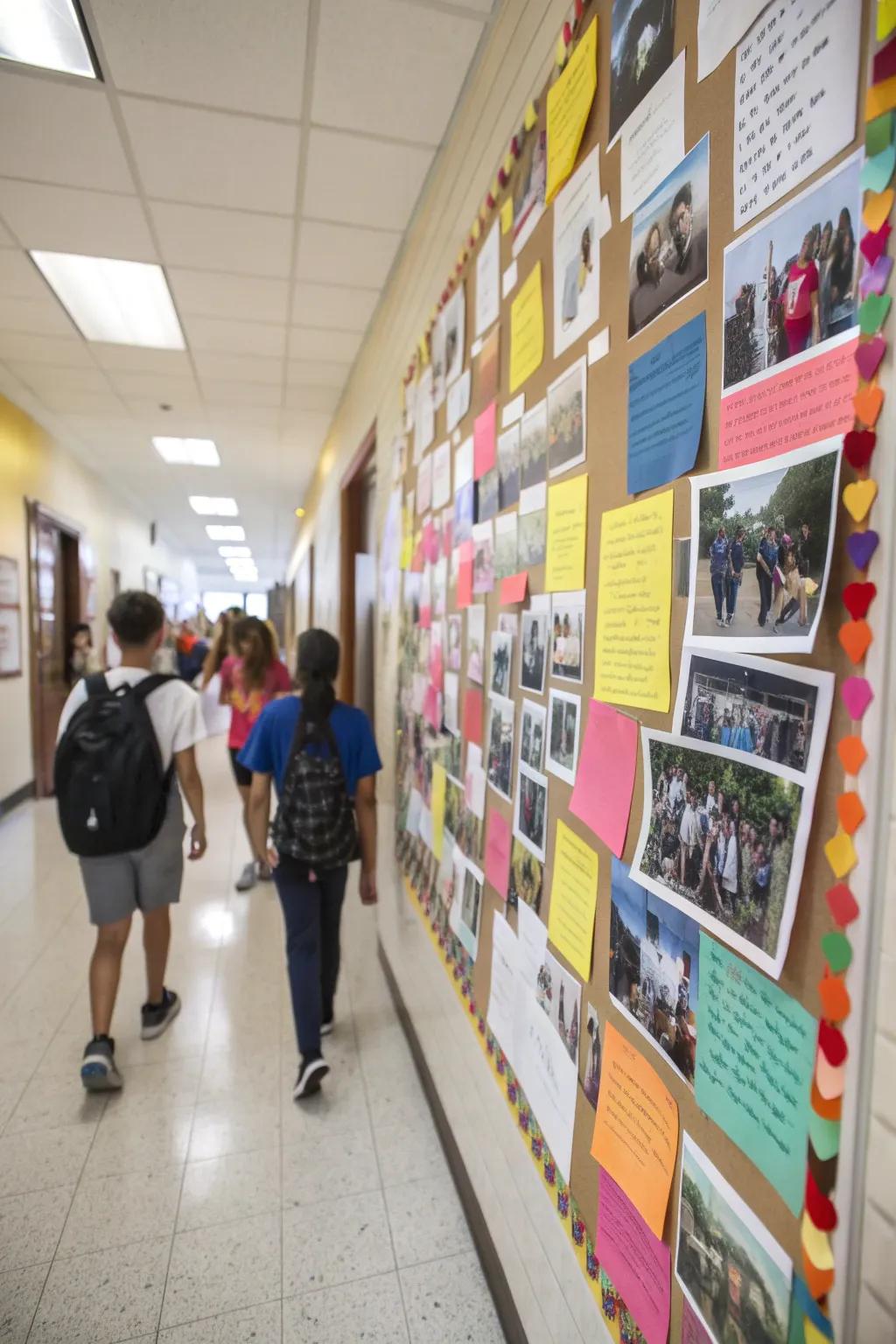 A hallway kindness flashback lane with photos and notes celebrating past kind acts.