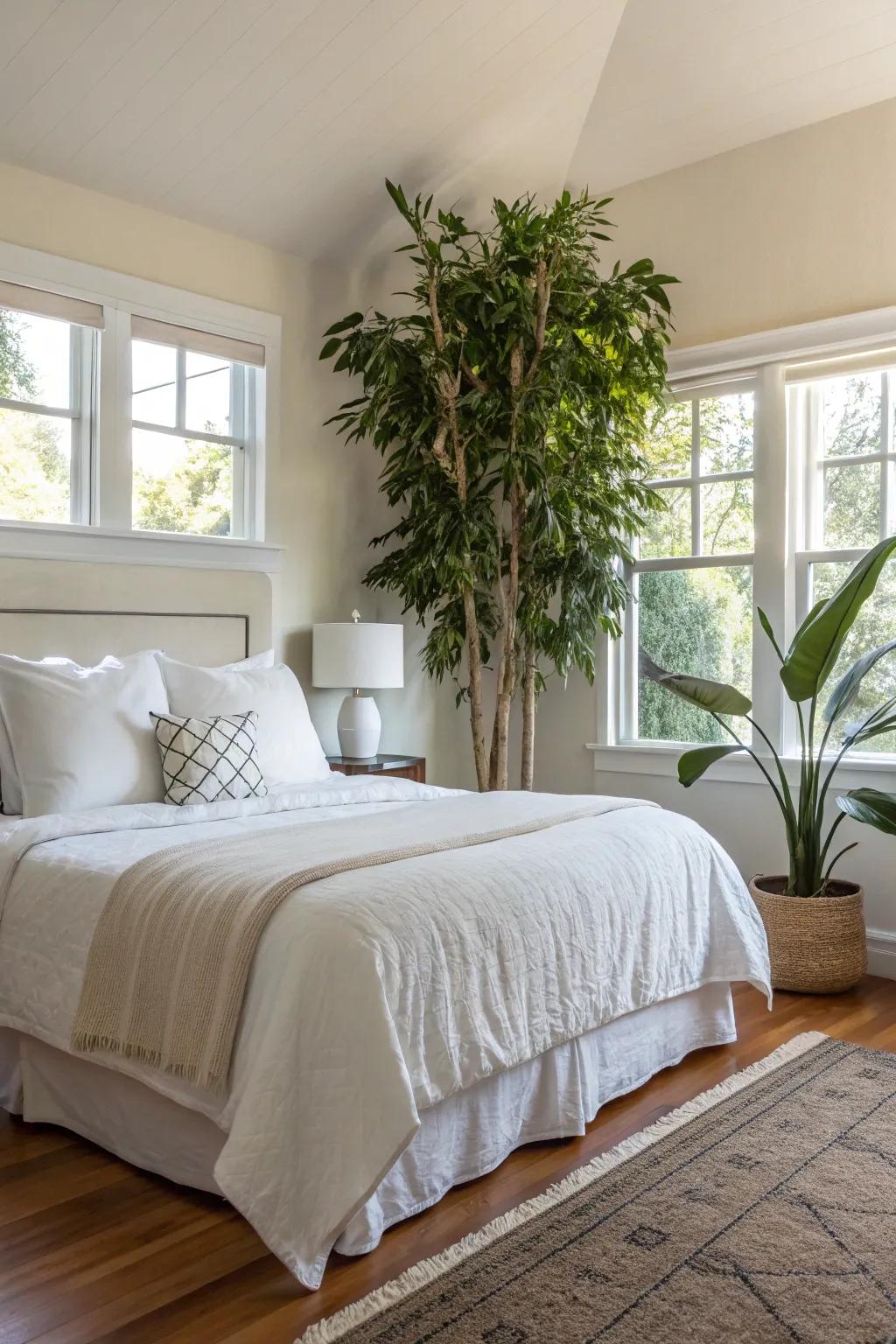 Indoor plants bring a breath of fresh air and vibrancy to this king-sized bed area.