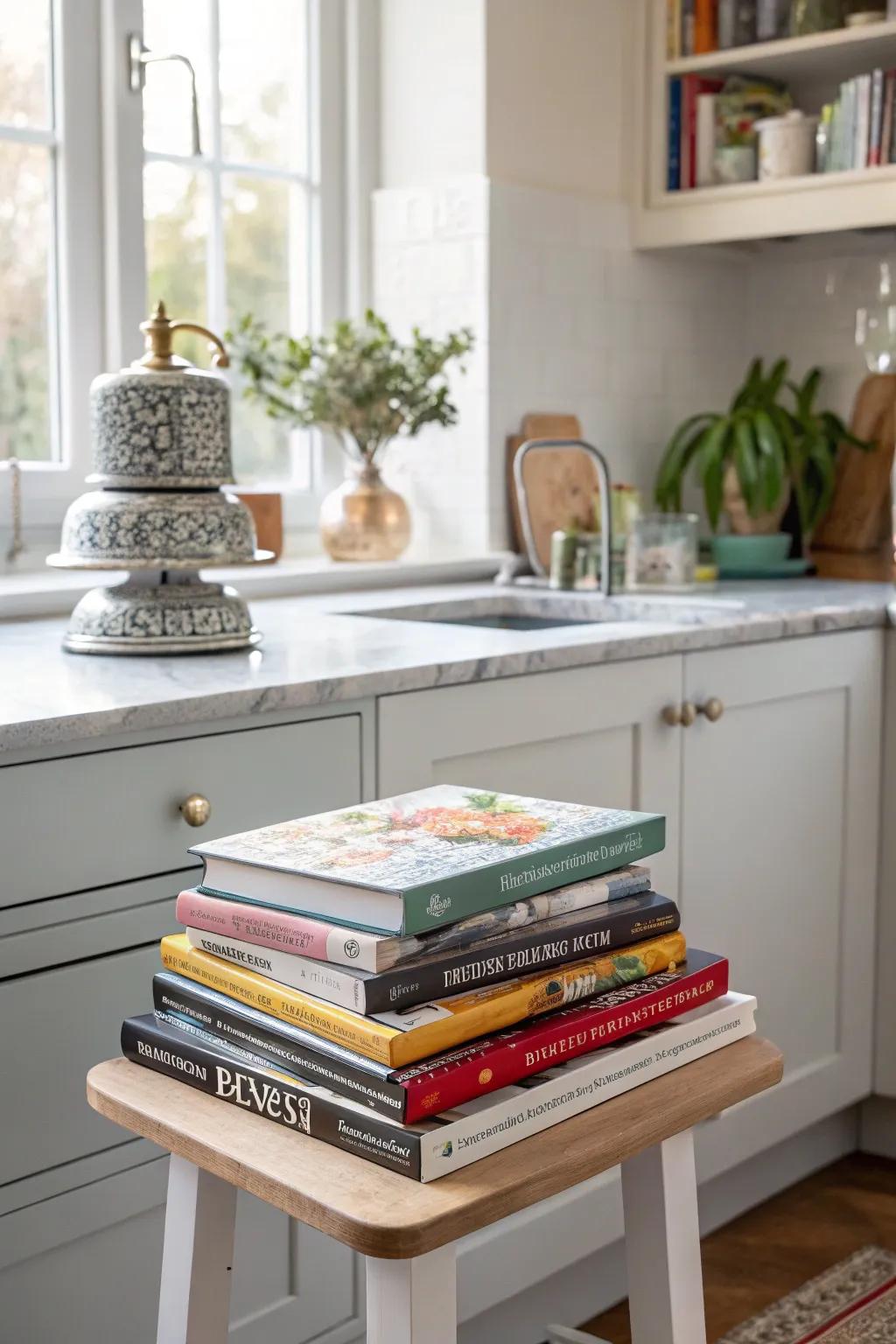 Cookbooks with artistic covers can enhance your kitchen's aesthetic.