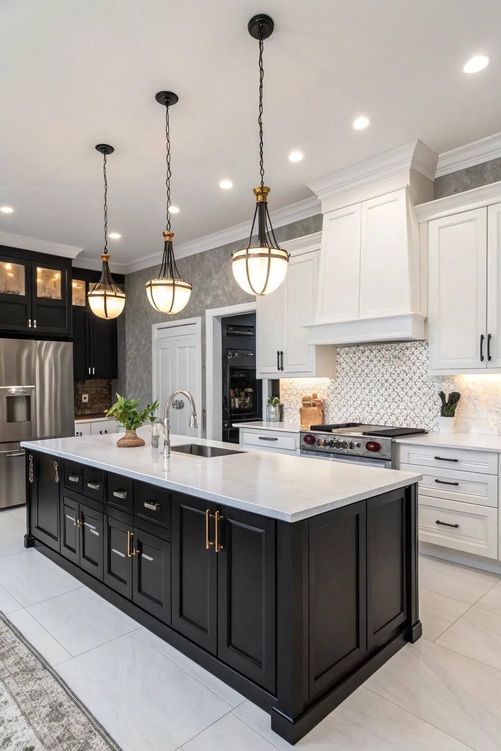 Contrast tone cabinets create a timeless and dramatic kitchen.