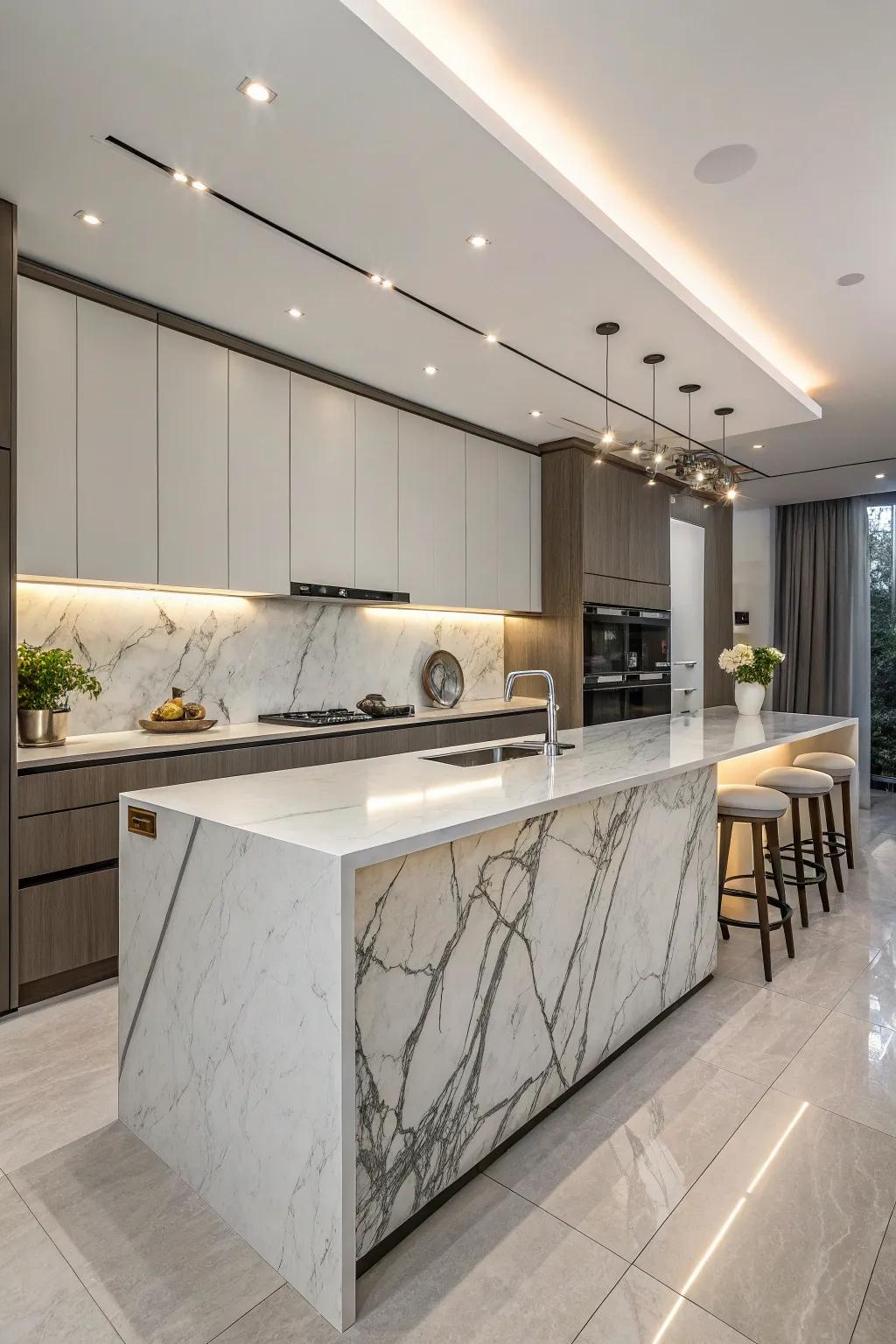 Cascading countertops fashion a striking center of attention.