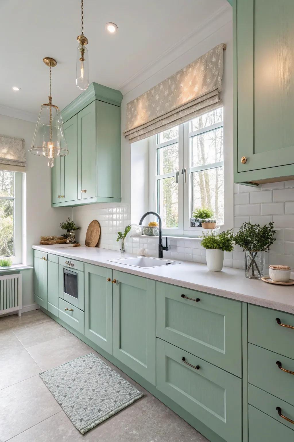 Refreshing frosted green delivers a playful elegance to the cooking area.