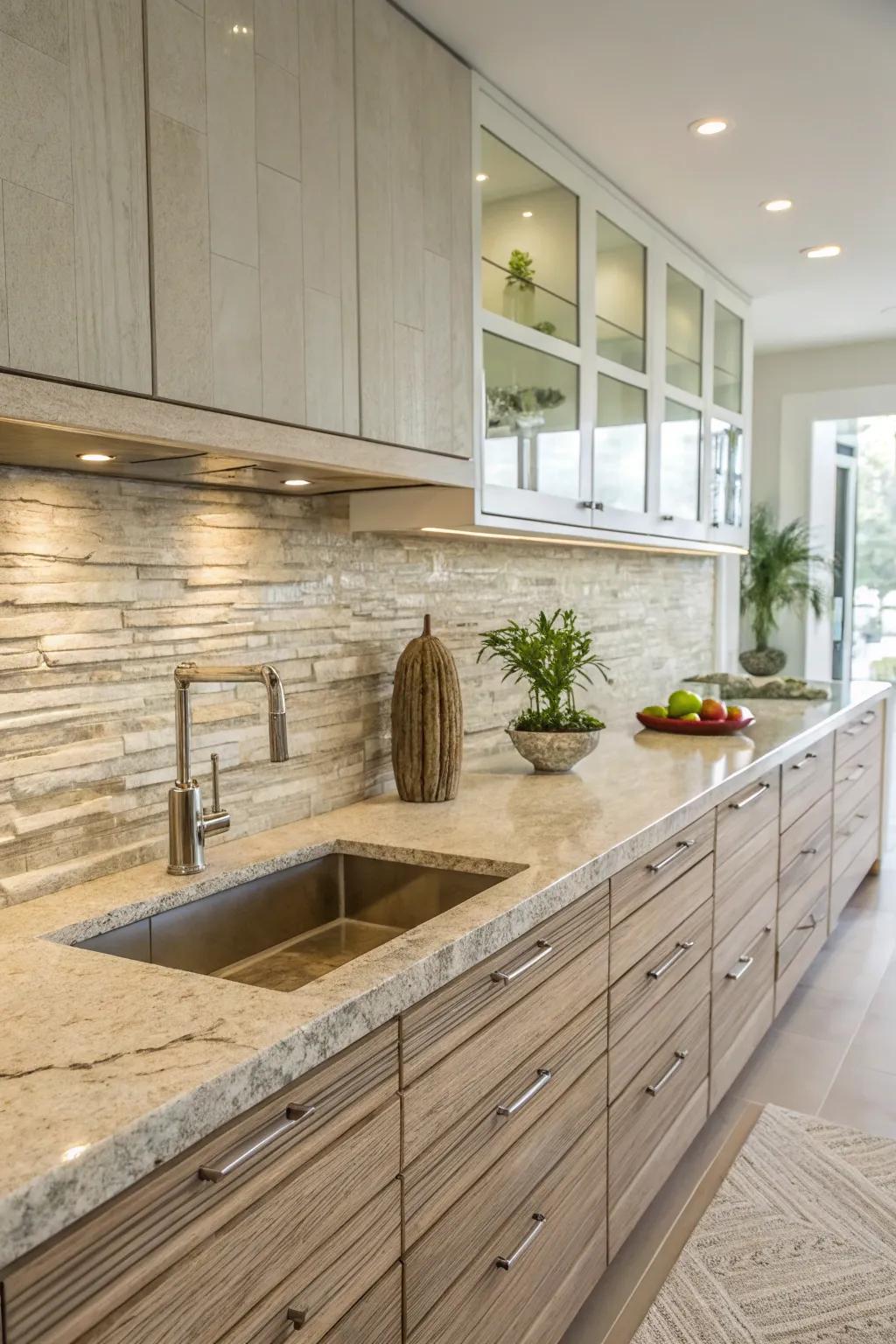 Textural contrast with earthy stone and glass.