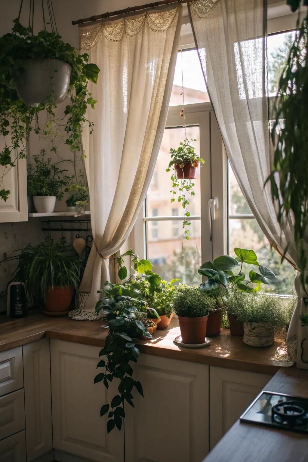 Window coverings paired with plants create a fresh and inviting kitchen environment.