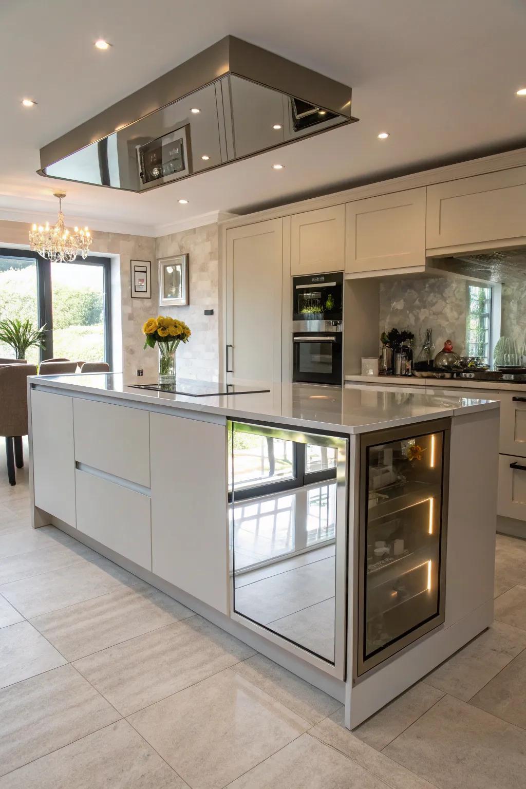Mirrored rear surfaces reflect light beautifully, crafting a sense of spaciousness in this kitchen.