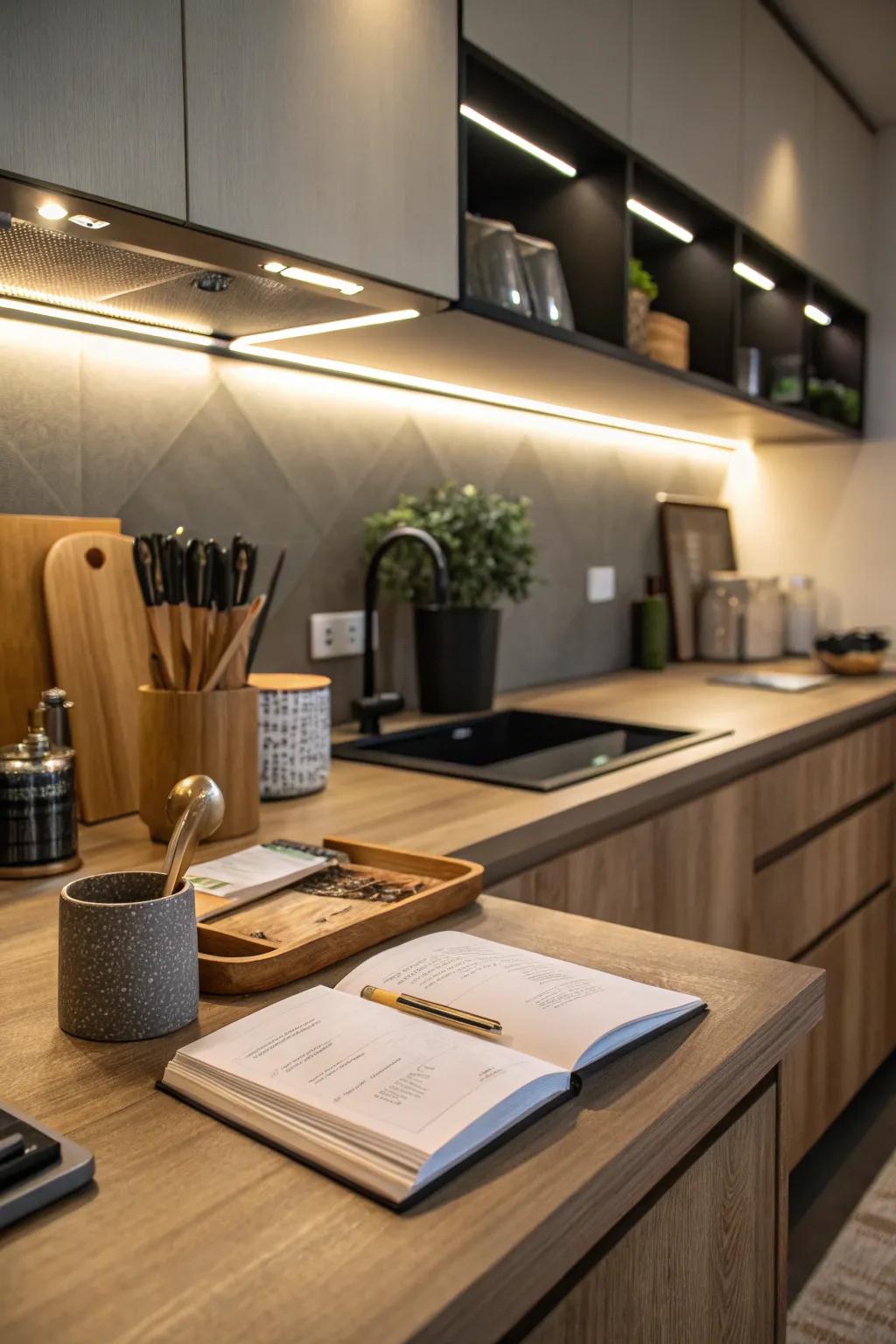 Under-cabinet lights brighten the kitchen workspace well.