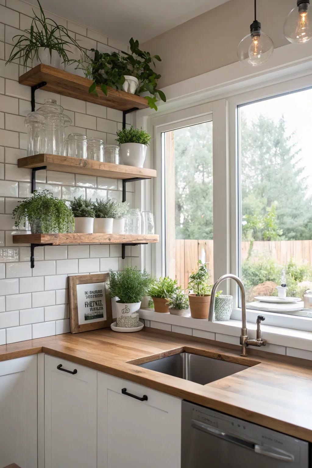 Floating shelves placed across windows for added light and display space.