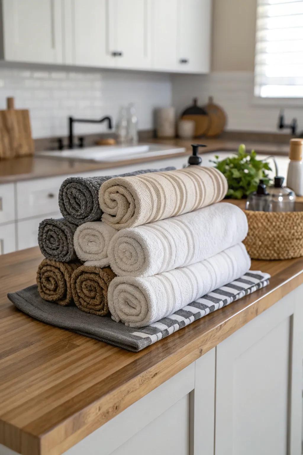 Combine folded and rolled cloths for a vibrant presentation.