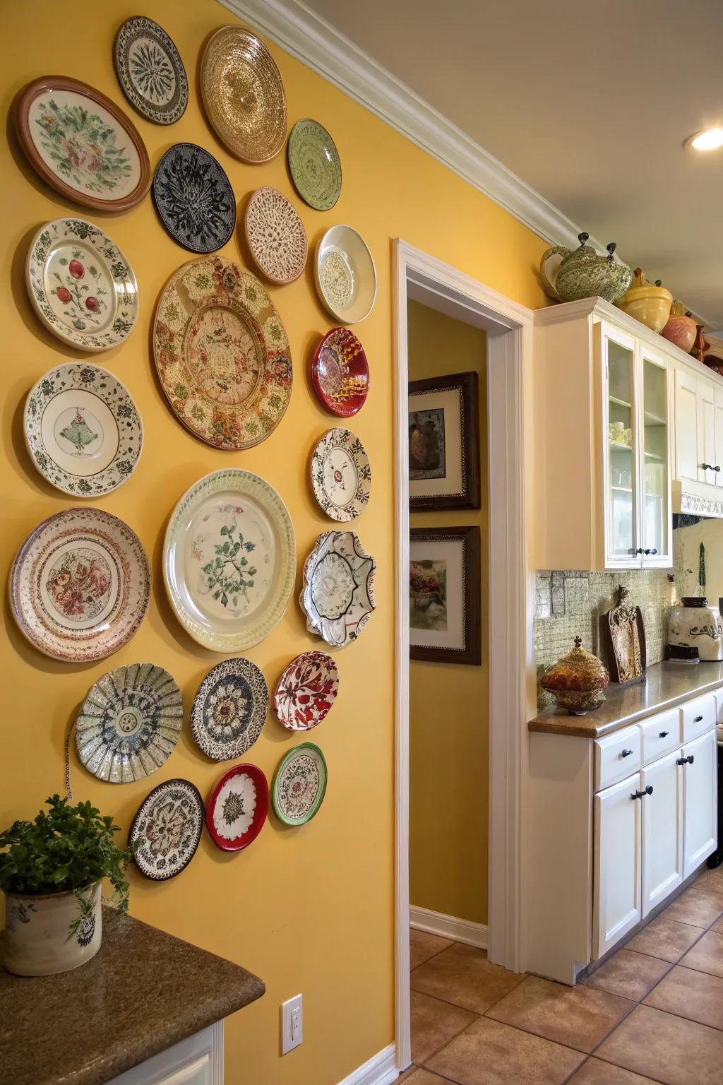 A kitchen wall enhanced with a creative display of vibrant plates.