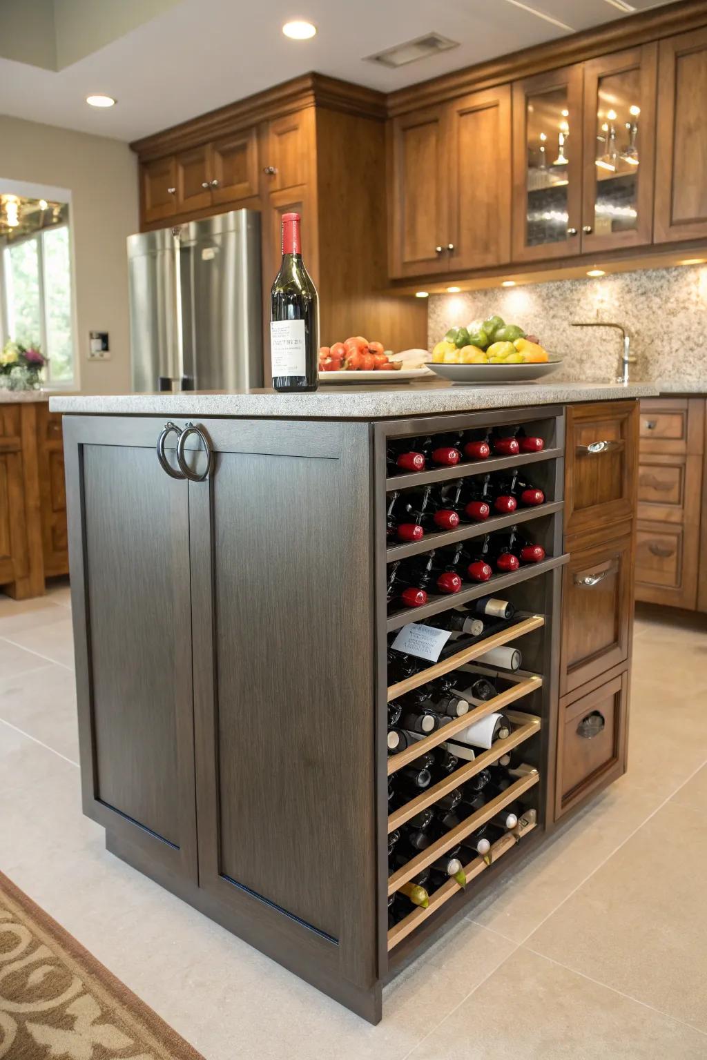 A built-in wine storage unit contributes a hint of elegance to the island.