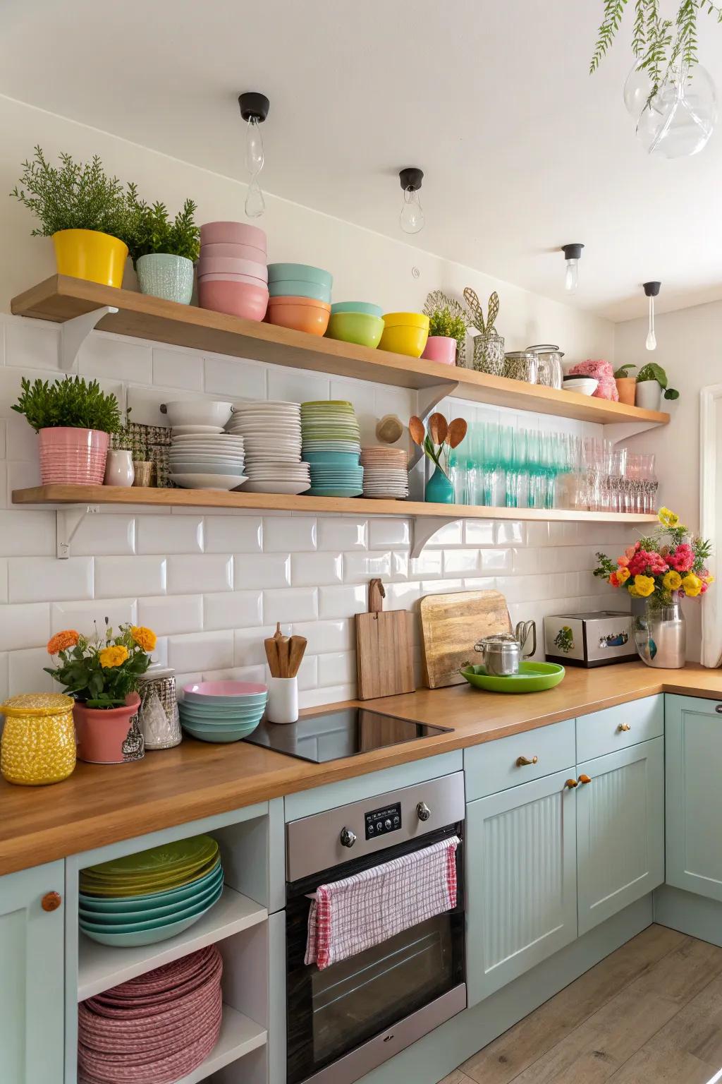 Color-themed shelves create a harmonious kitchen aesthetic.
