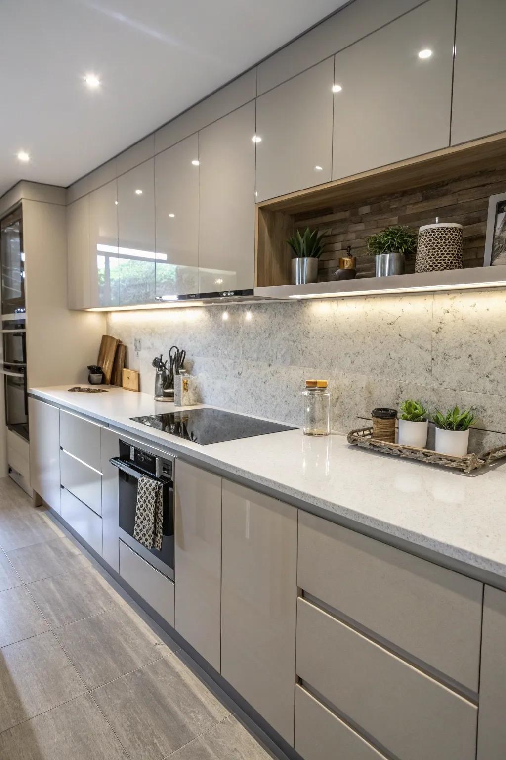 Seamless unification of quartz worktops and backsplash.