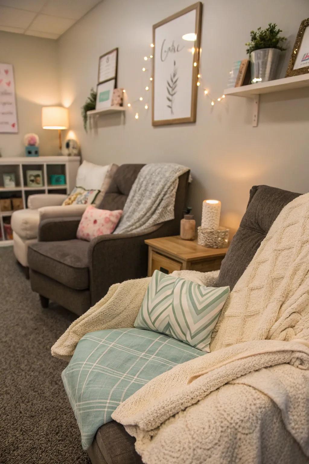 Cozy cushions and throws add personal touches and comfort.