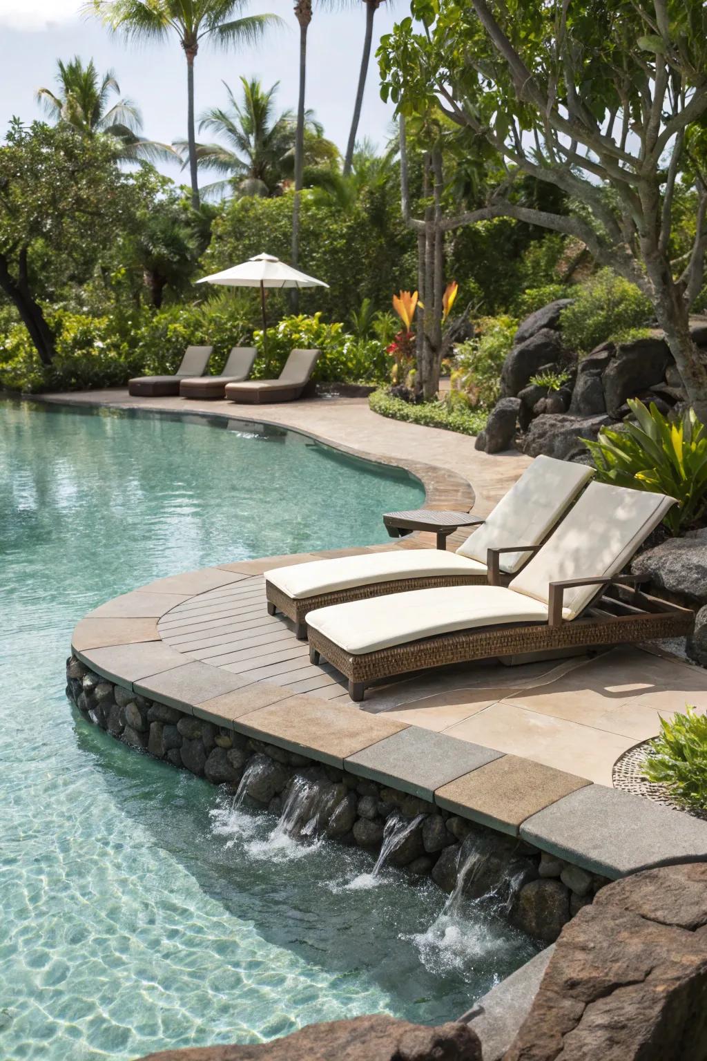 Sun decks offer a relaxing zone for lounging in lagoon pools.
