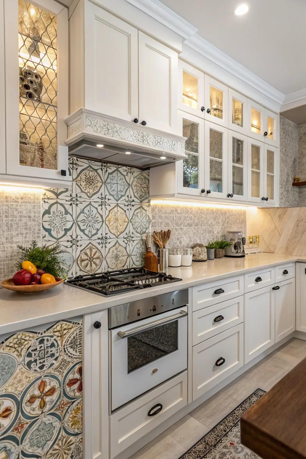 Create intrigue utilizing a combination of patterned laminate backsplash.