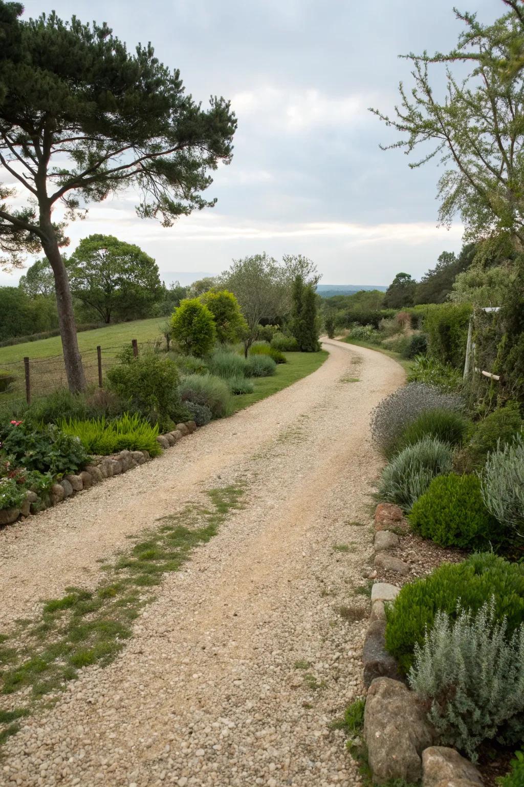 Pebbled routes add rustic charm and simple maintenance.