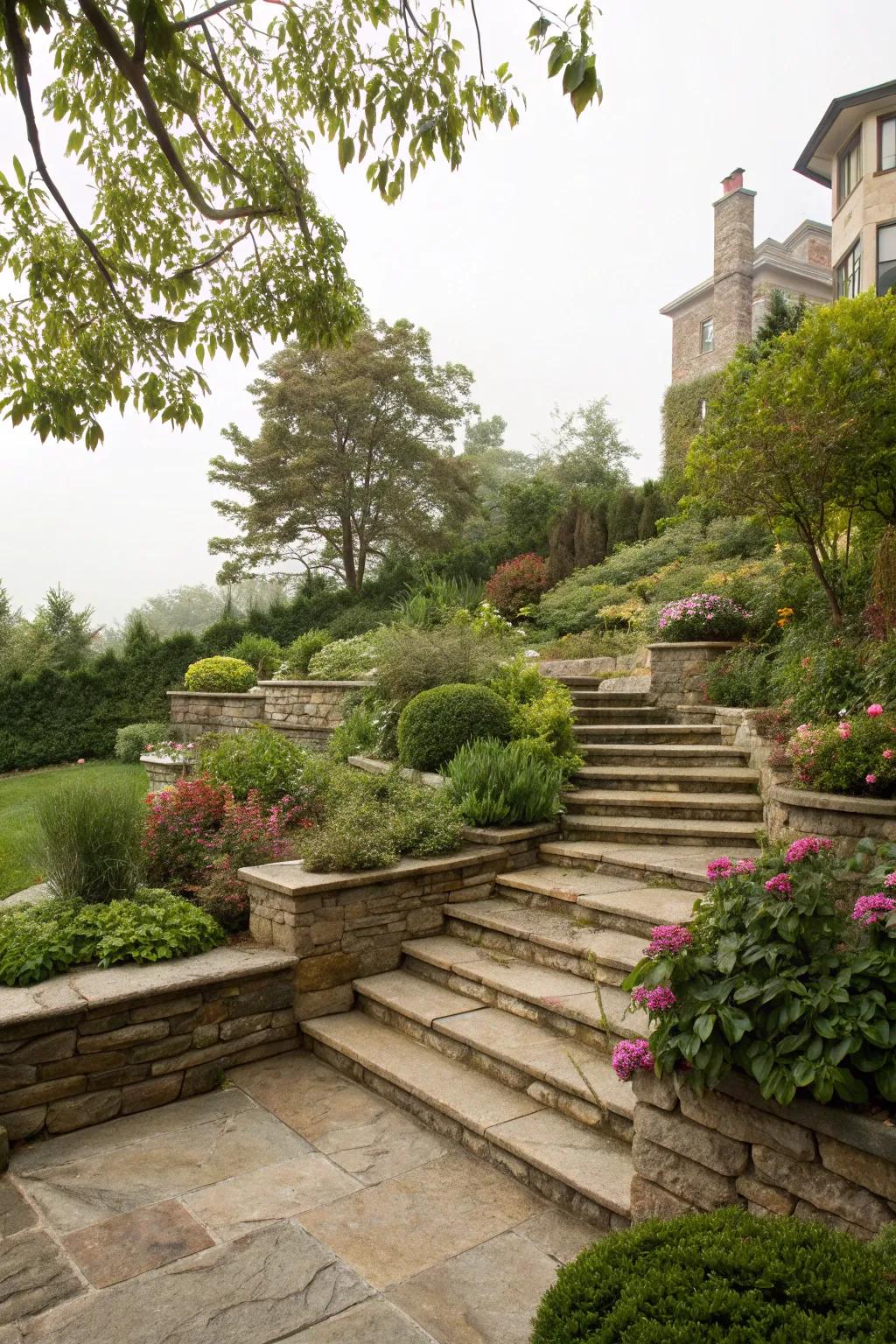 A multilevel terrace with stone steps, providing diverse areas for planting and enjoying the space.