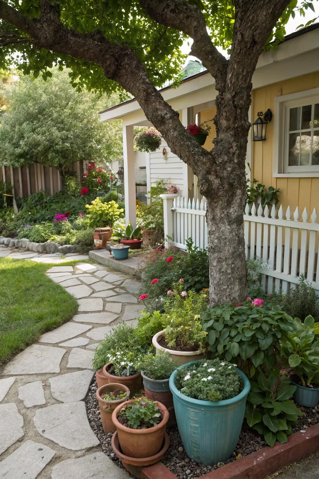 A tree surrounded by colorful container gardens, providing seasonal flexibility.