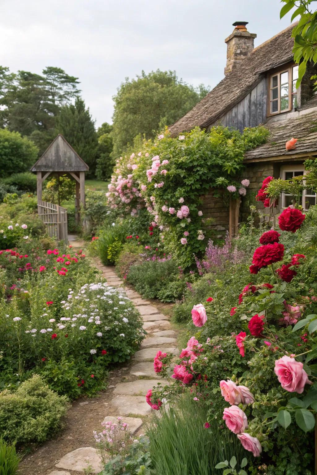 Radiant roses inject allure into cottage gardens.