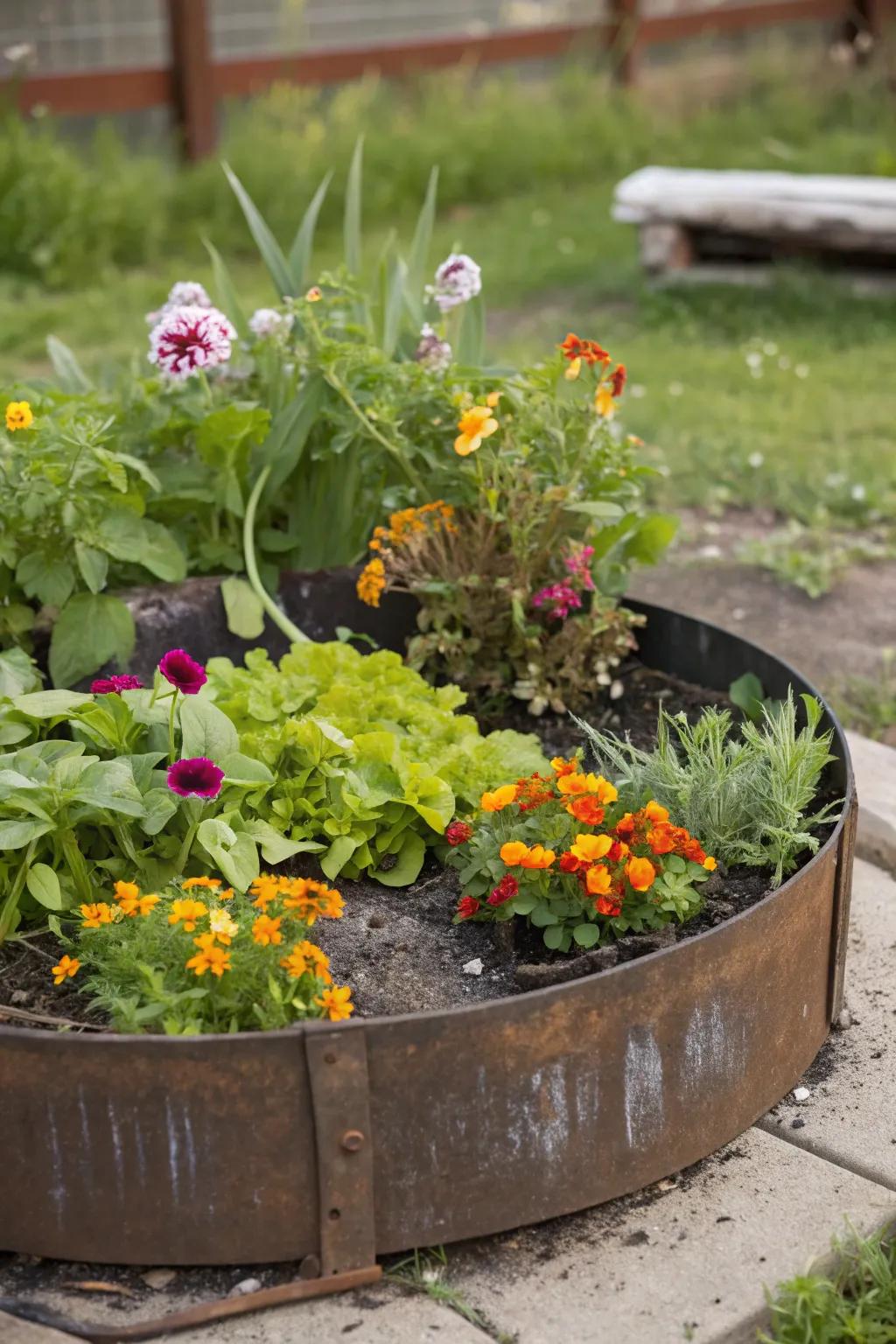 Metal fire rings make raised beds that are round and look great.