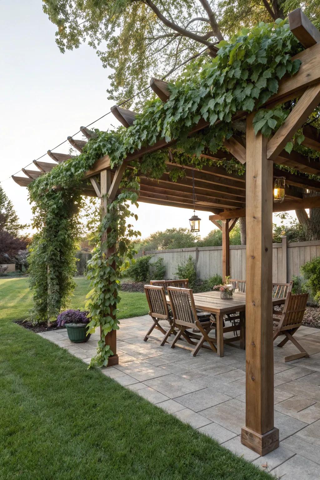 A timber canopy cultivates a tranquil garden sanctuary.