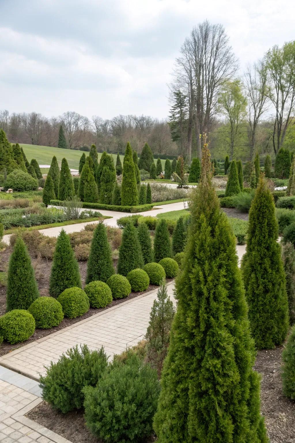 Diminutive arborvitae incorporate texture and verdure to blank zones.
