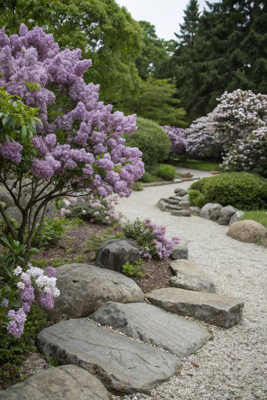 Lilacs add softness and color to a rock garden landscape.
