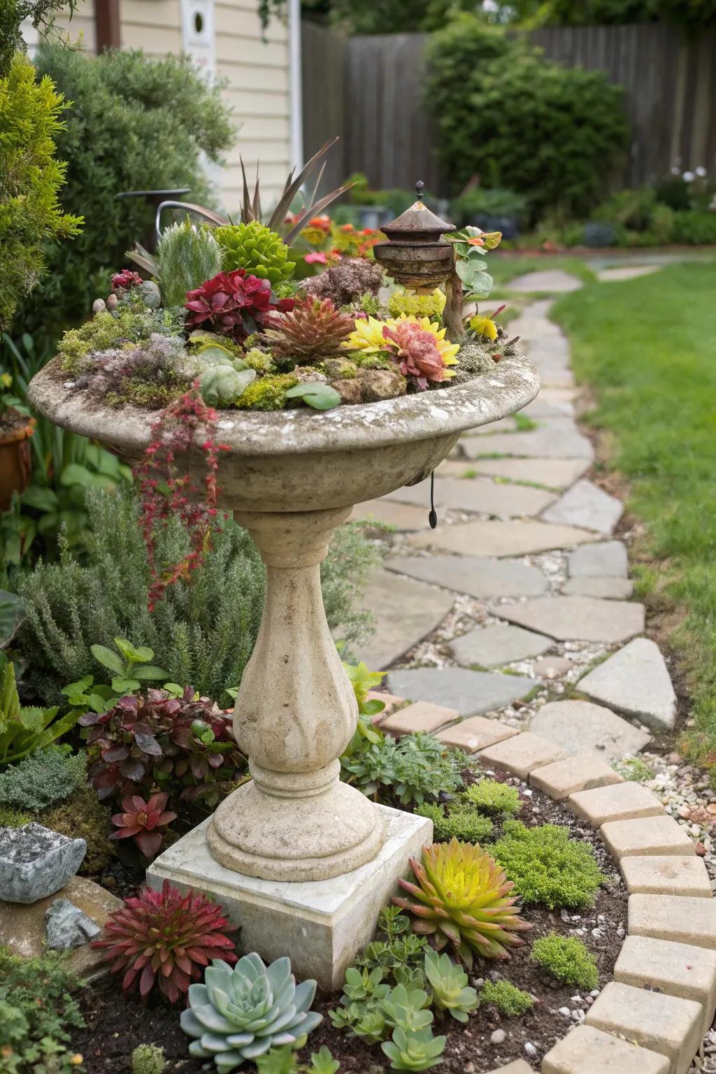 A charming water bowl repurposed into a succulent garden.
