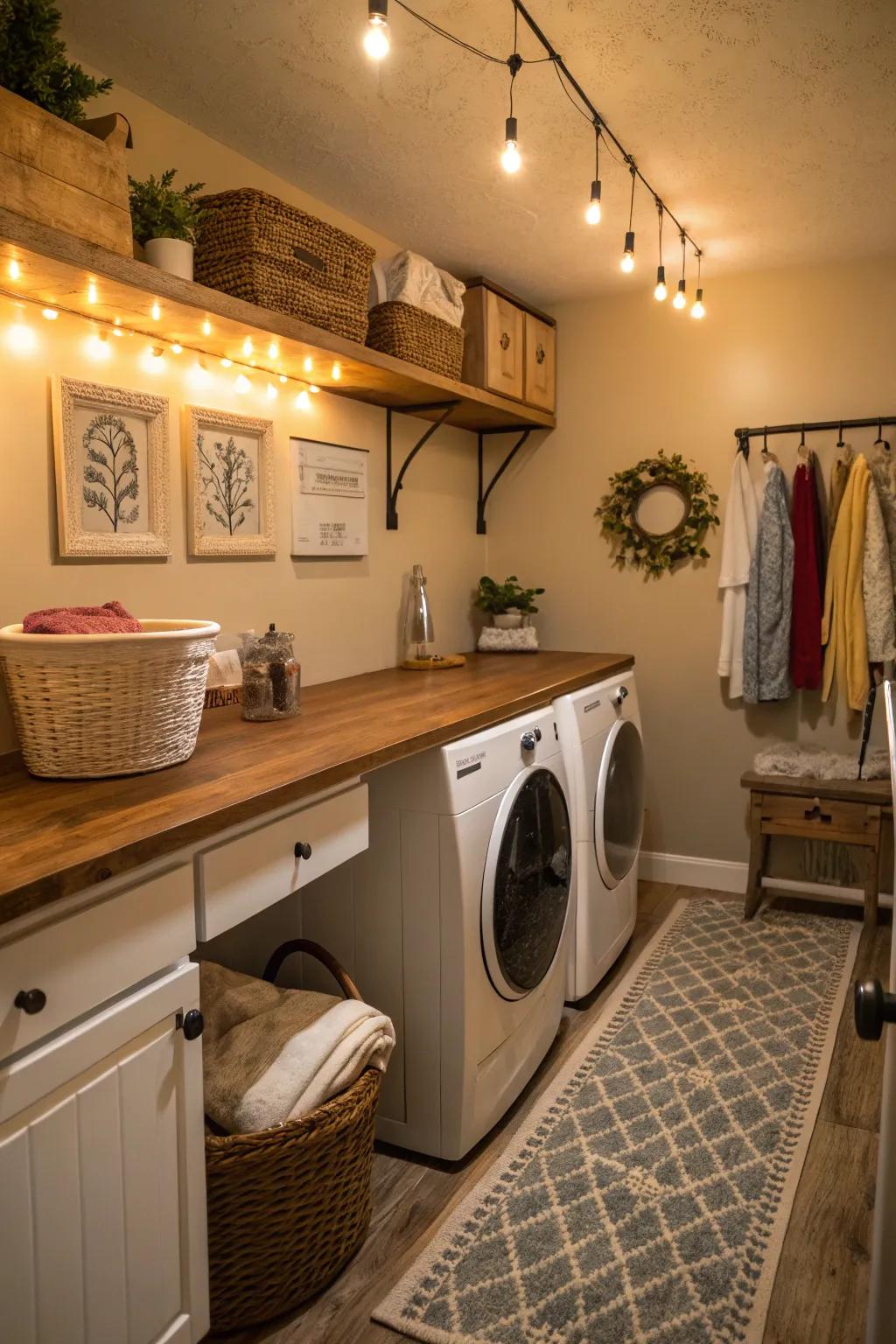 The classic charm of butcher block countertops in a laundry room.