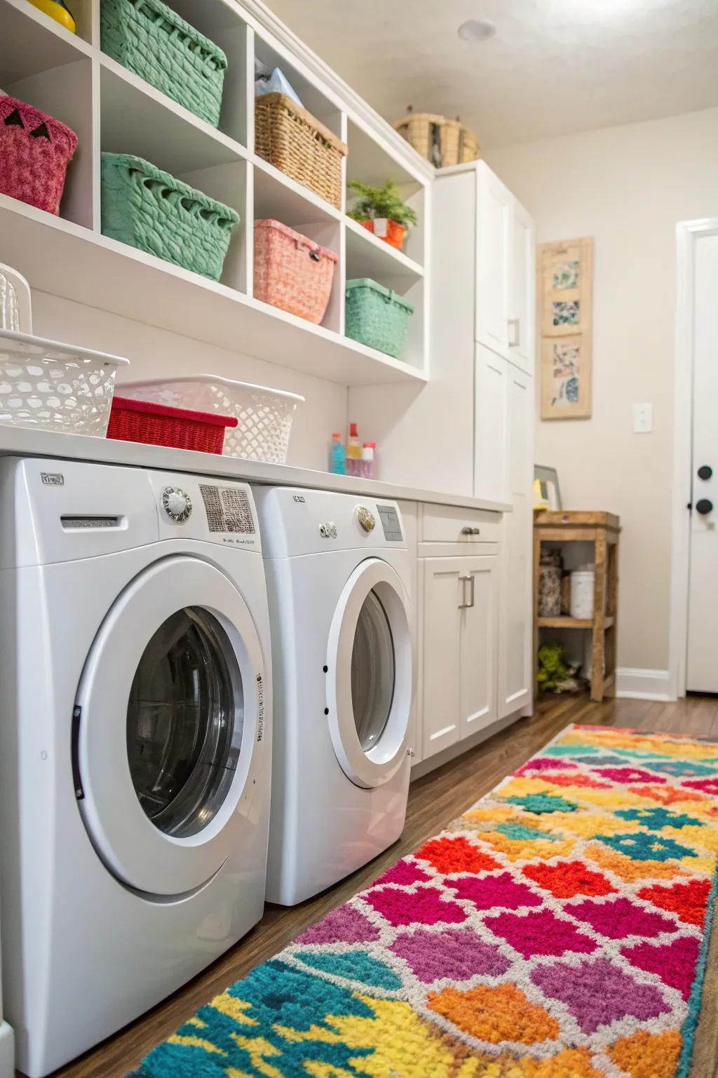 A vibrant rug infuses color and warmth into the laundry room.