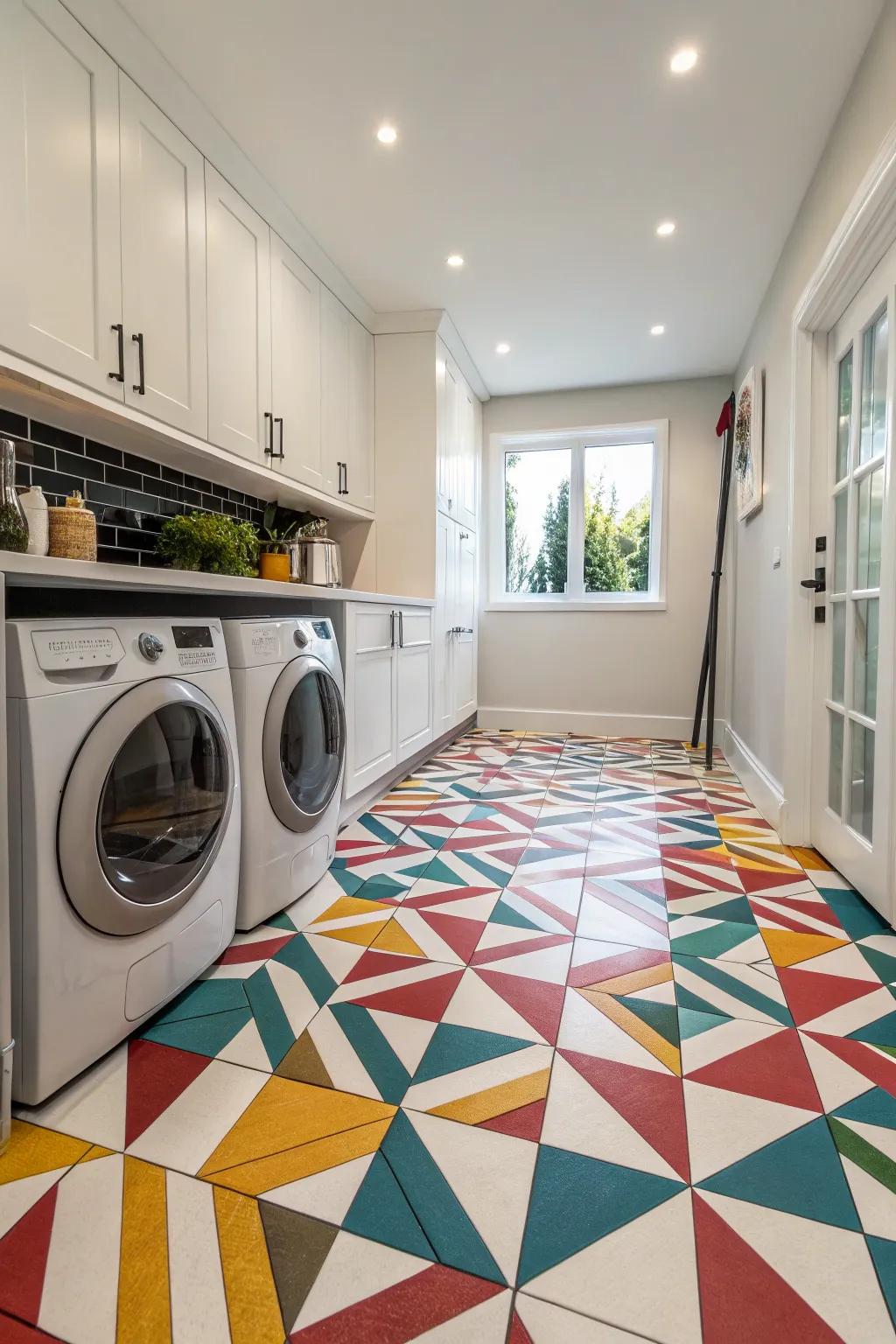 Vibrant flooring injects an element of drama into the laundry area.