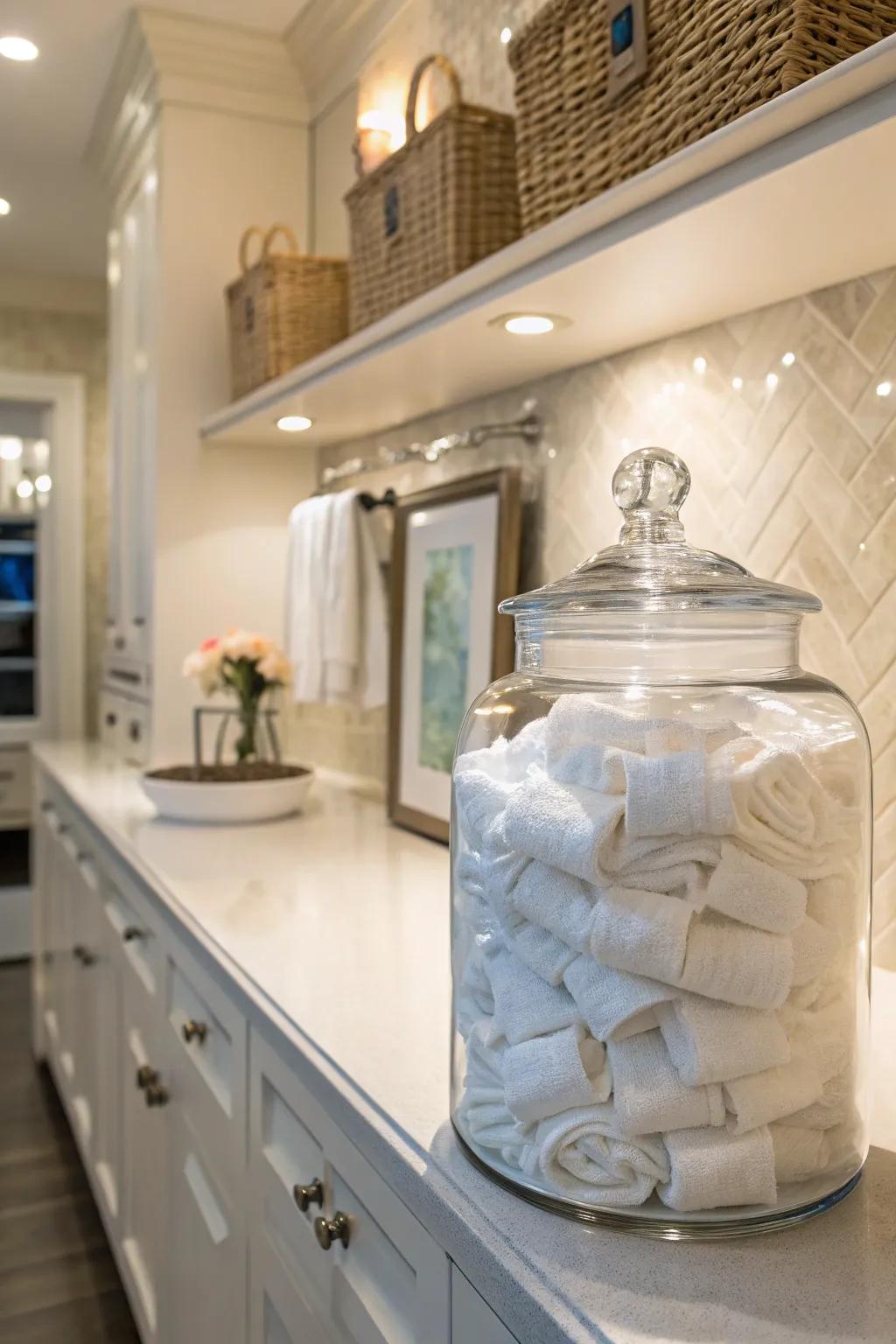 A big container holds dryer sheets within easy reach.