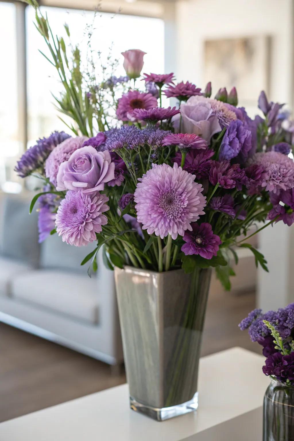 A stunning flower arrangement with amethyst flowers adding elegance to the space.