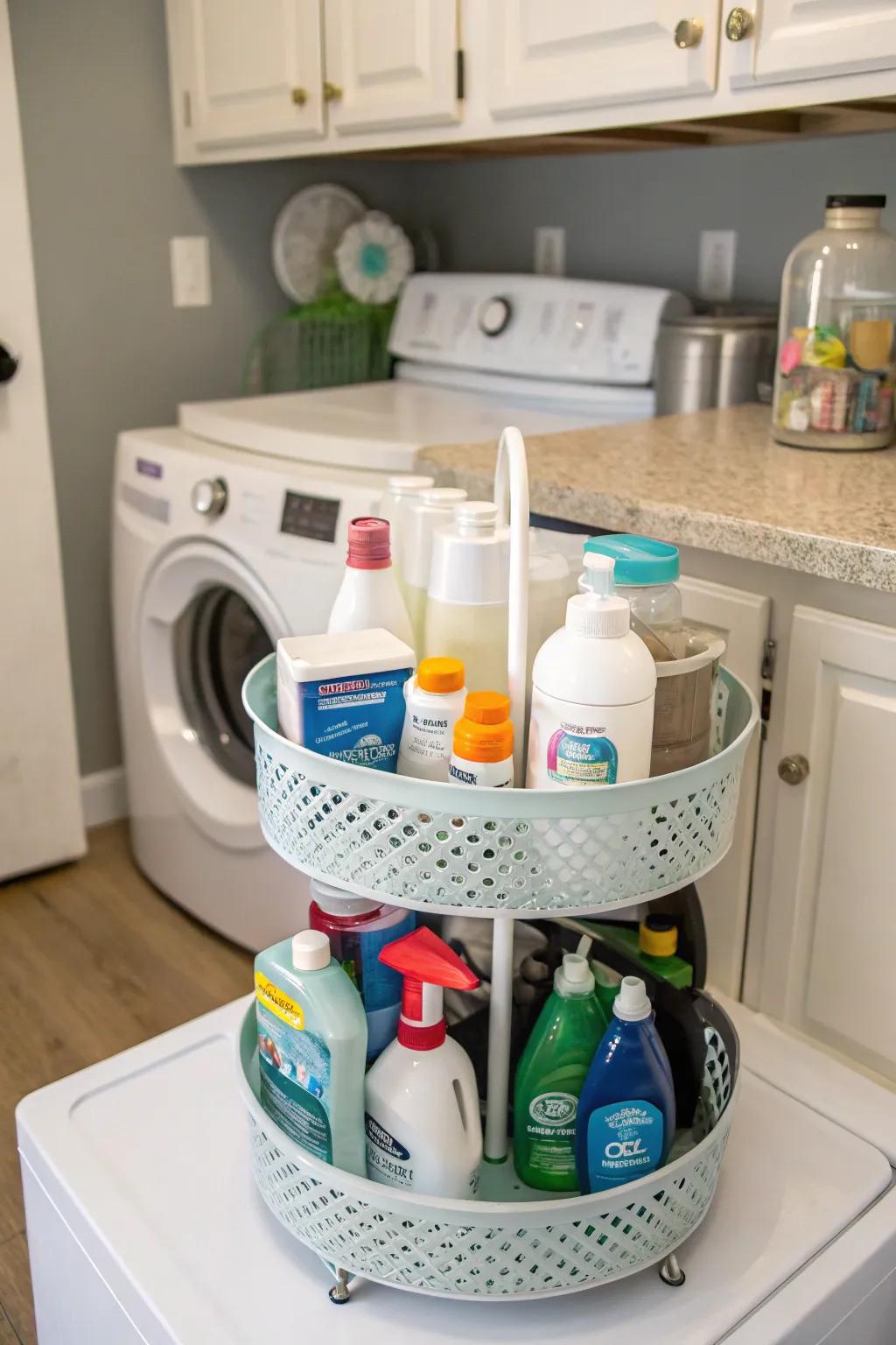 An organized laundry room features a <strong>lazy Susan</strong> to conveniently store detergents.&rdquo; loading=&rdquo;lazy&rdquo; class=&rdquo;pimg&rdquo;>
	</picture><figcaption>An organized laundry room features a <strong>lazy Susan</strong> to conveniently store detergents.</figcaption></figure>
<p>A <strong>lazy Susan</strong> in the laundry room helps keep detergents and softeners handy. It transforms a potentially cramped area into an efficient workspace.</p>
<h3>Maybe worth checking out:</h3>
<ul class=