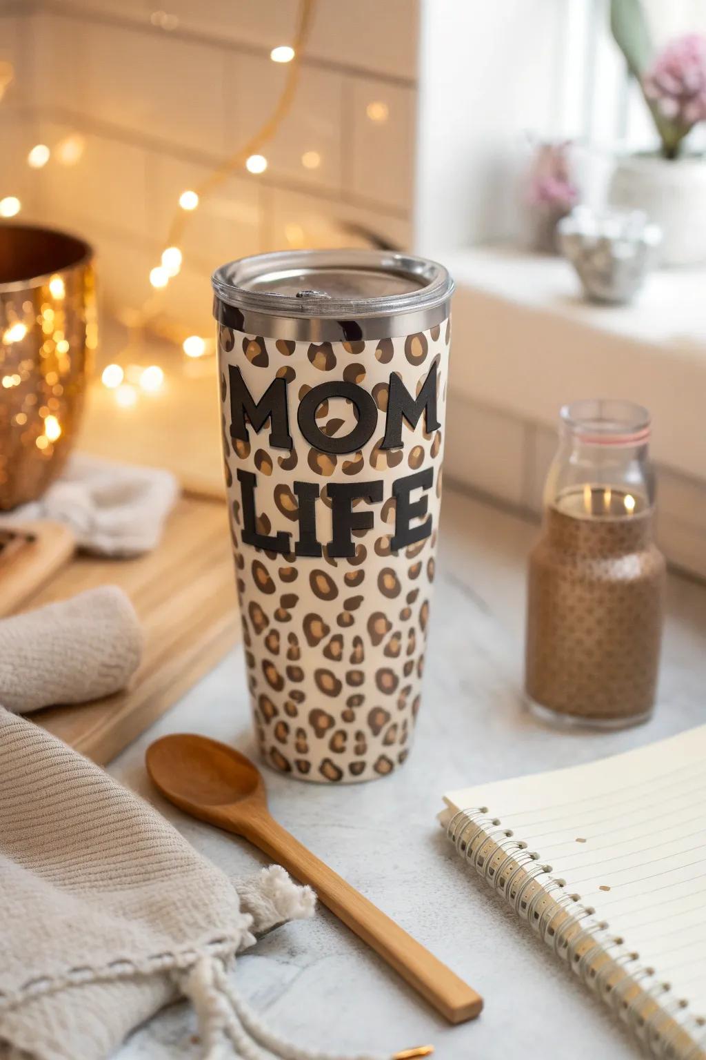 A 'Mom Life' themed jungle cat print cup that's perfect for busy moms.