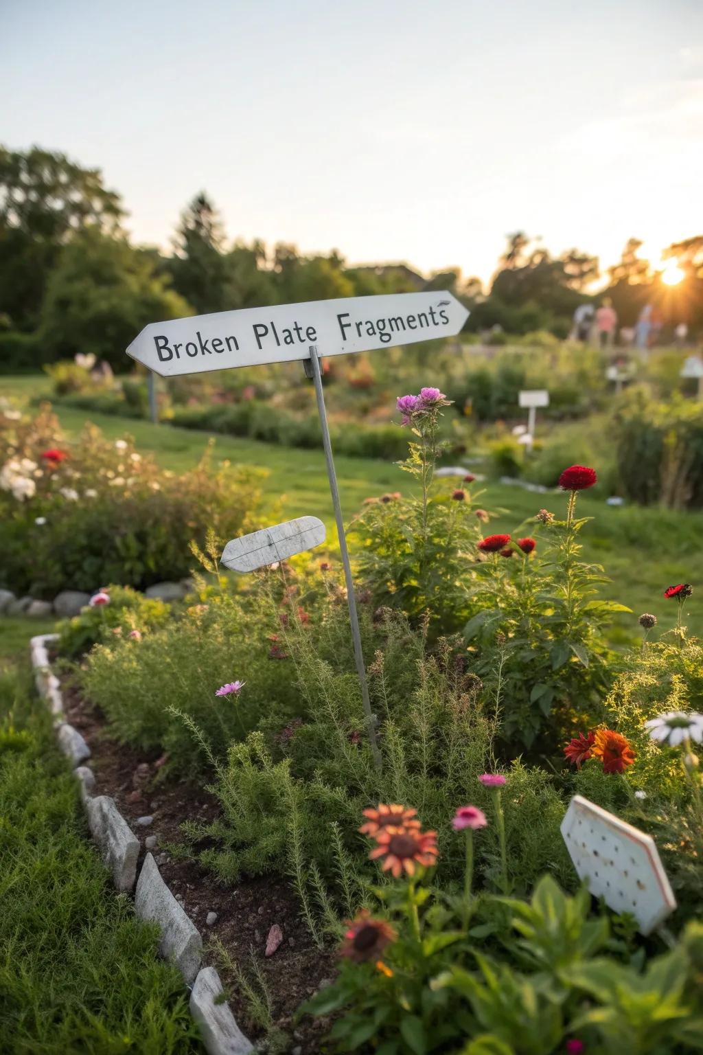 Garden plant identifiers made from plate fragments, symbolizing growth.