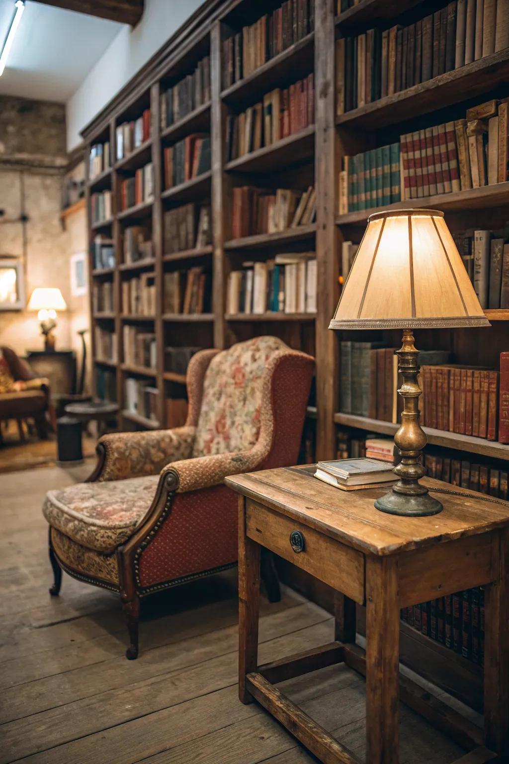 A library showcasing creatively upcycled pieces and vintage treasures.