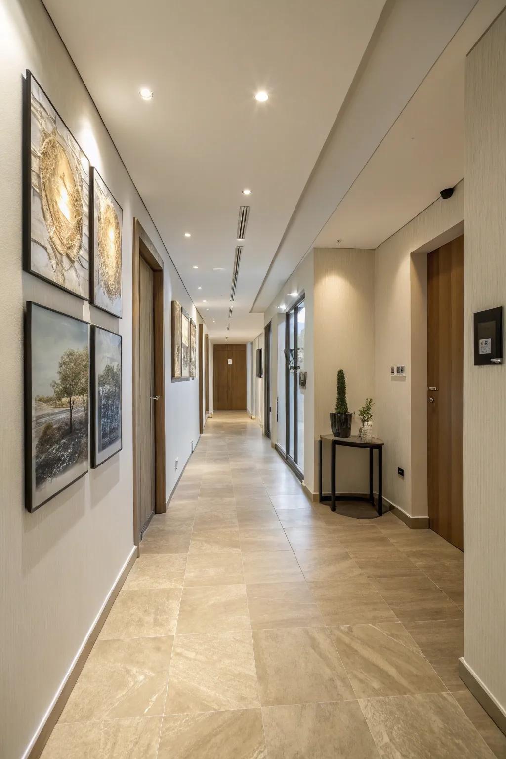 Cream plastic flooring adds understated luxury to this contemporary hallway.
