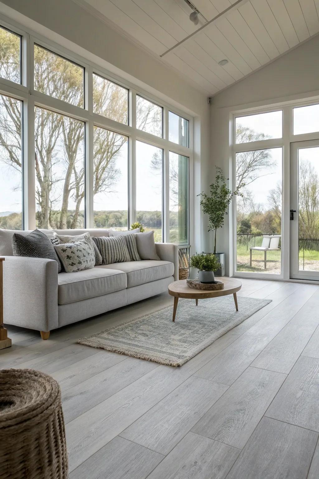 A bright living room featuring plenty of natural light and light grey flooring.