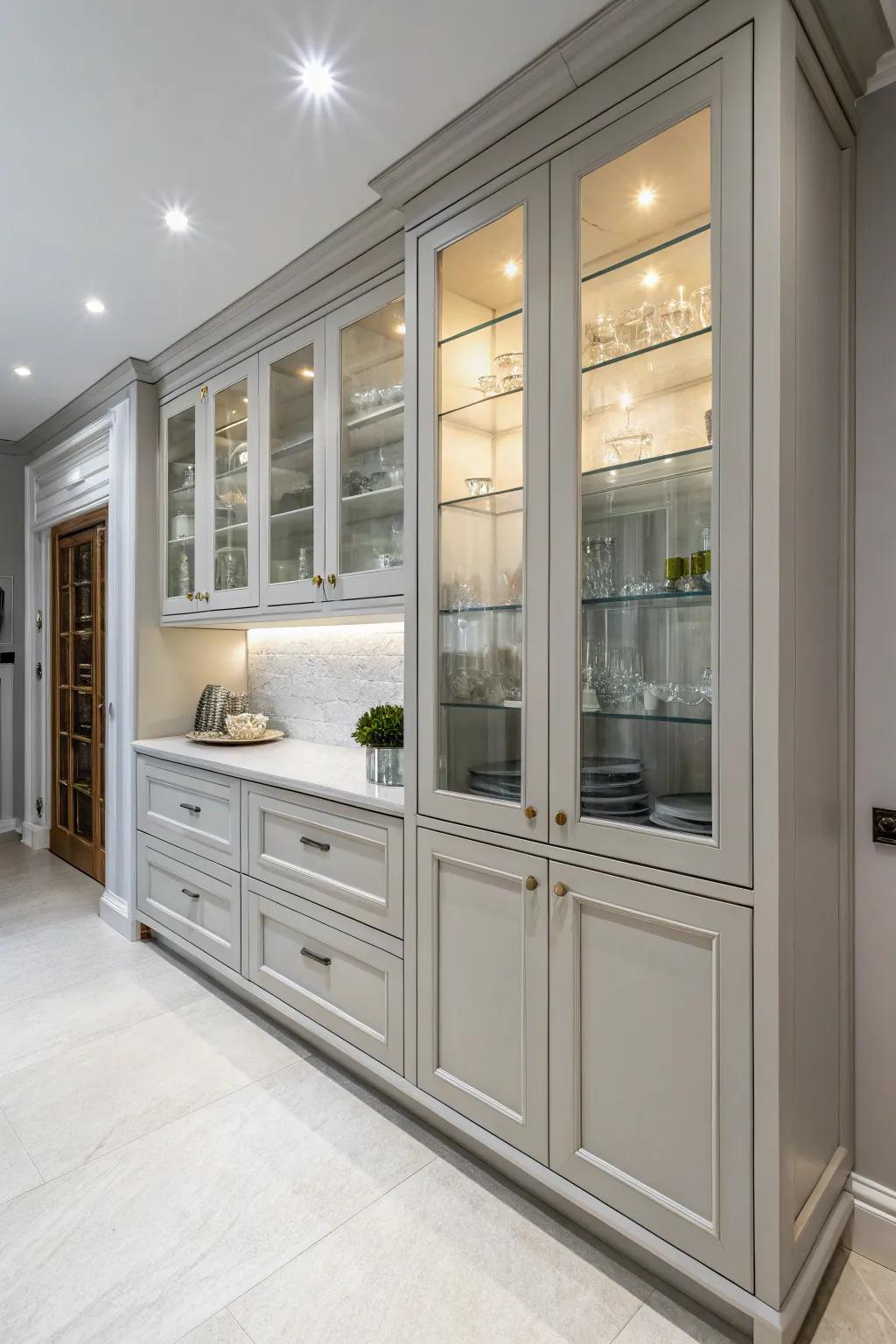 Glass-front cabinets contribute to the sense of openness and display opportunities.