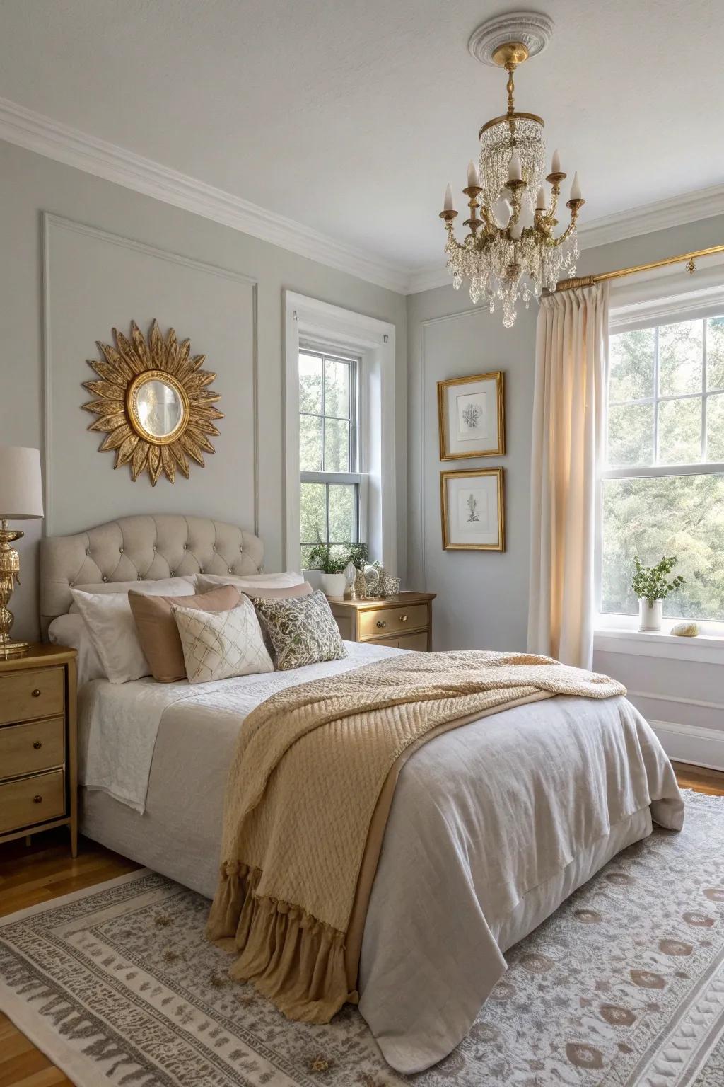 Gold accents add warmth to a light grey bedroom.