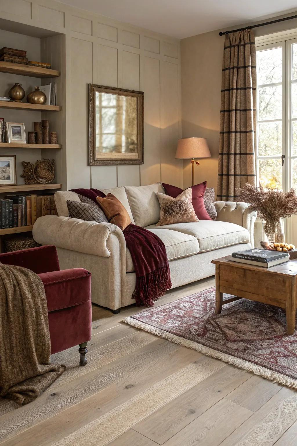 A living area employing textural overlaying to enrich the visual allure of light wooden floors.