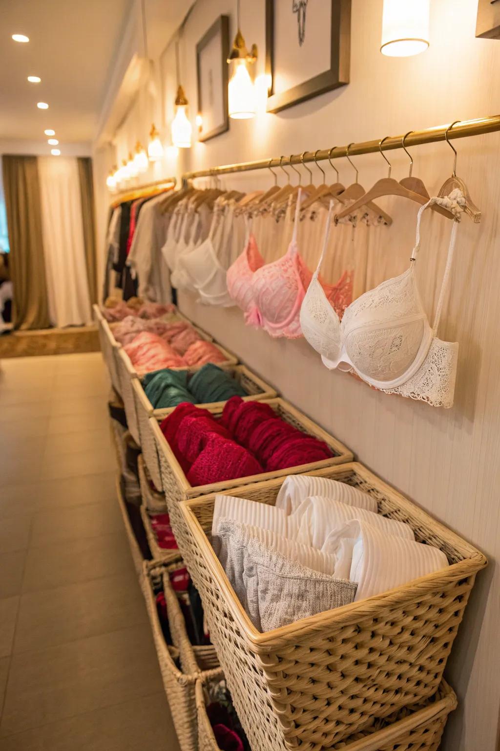 Wall-affixed baskets supply chic and useful storage solutions.