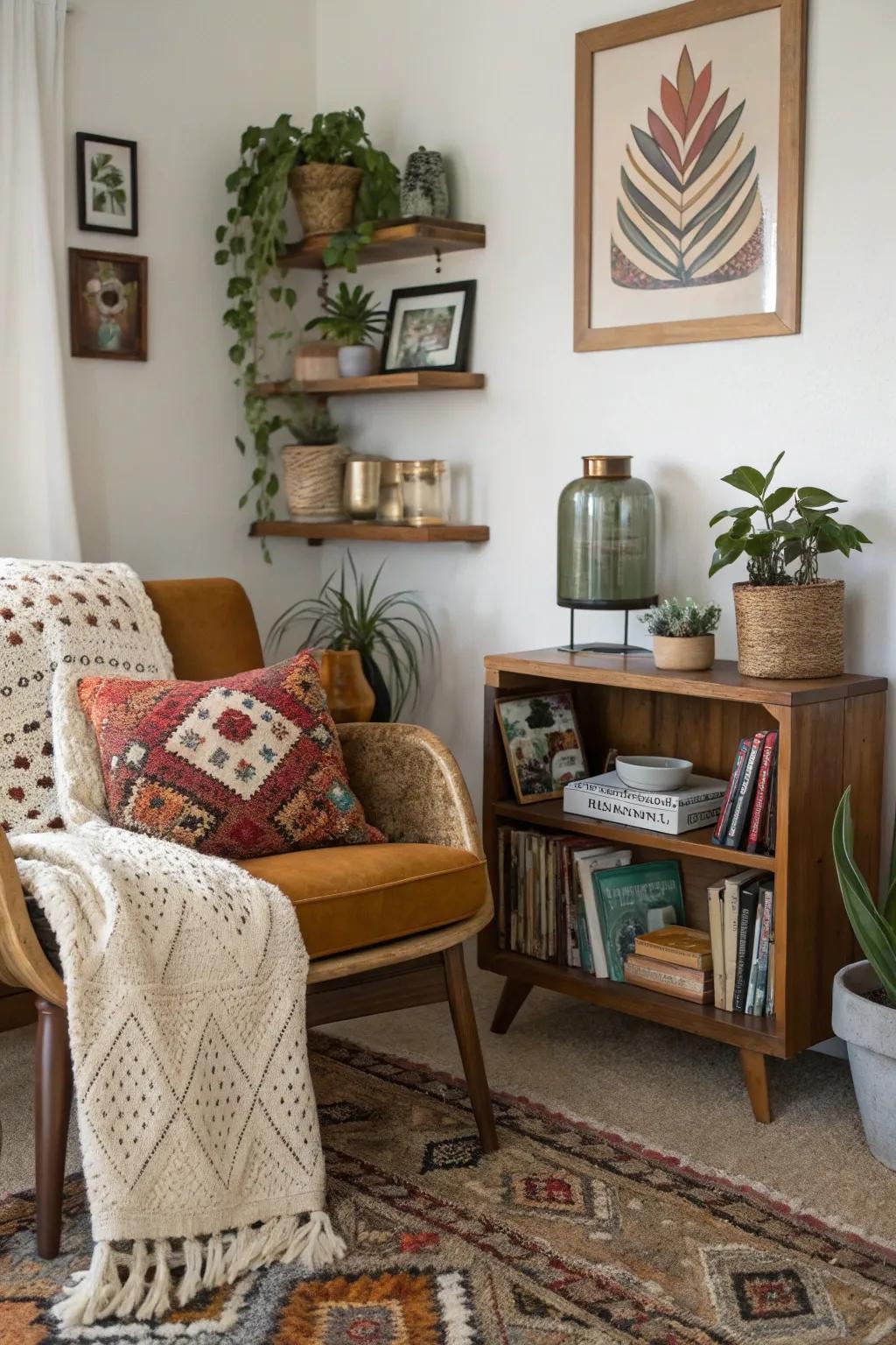 An eclectic mix brings charm and character to a living room corner.