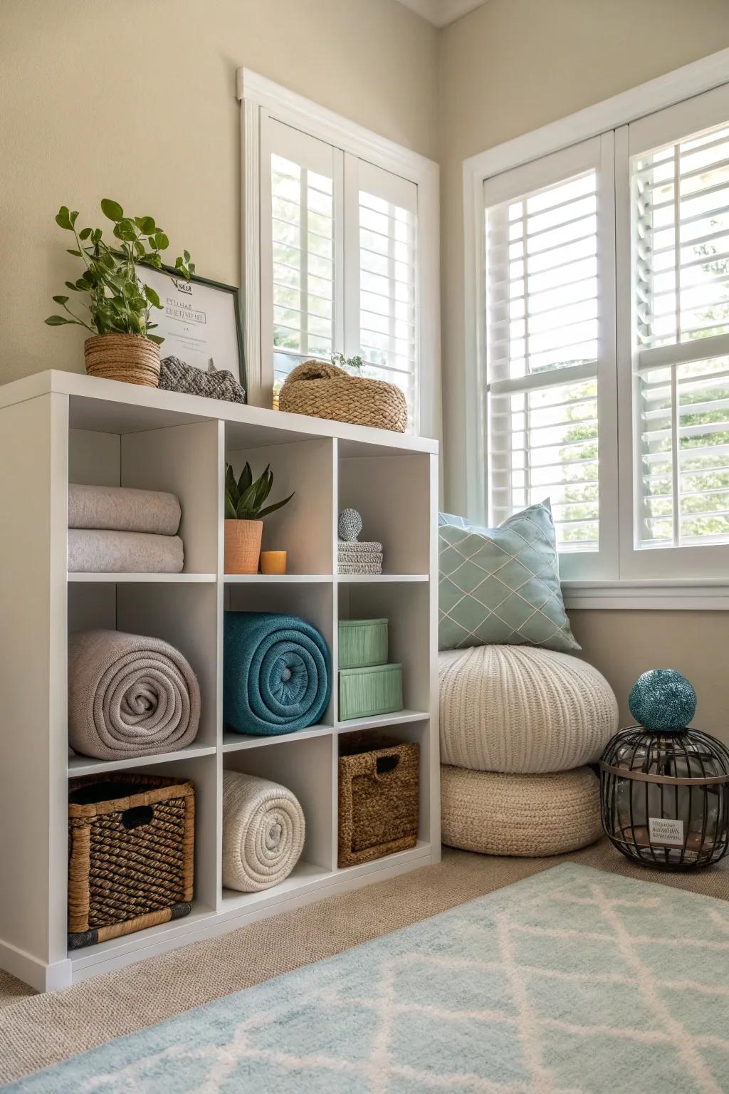 A tranquil meditation nook using cube storage for a peaceful atmosphere.