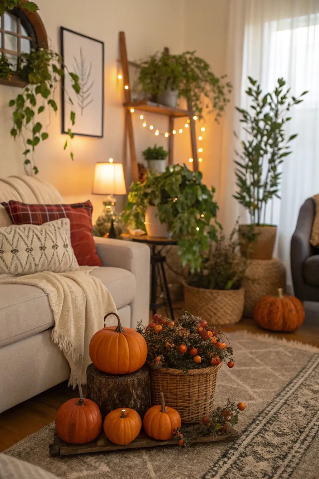 Seasonal decor adds a festive touch to plants.