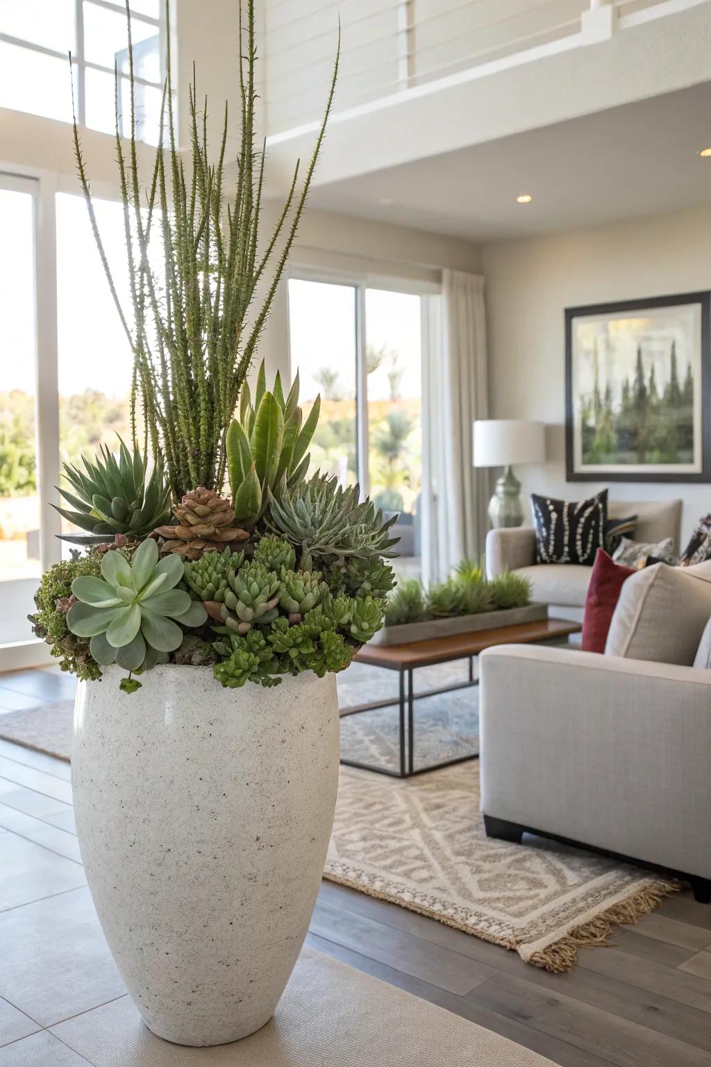 A sizable floor vase brimming with succulents provides a contemporary, lush green touch.