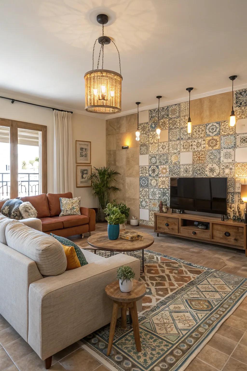 Balanced family room with warm and cool tone tiles.