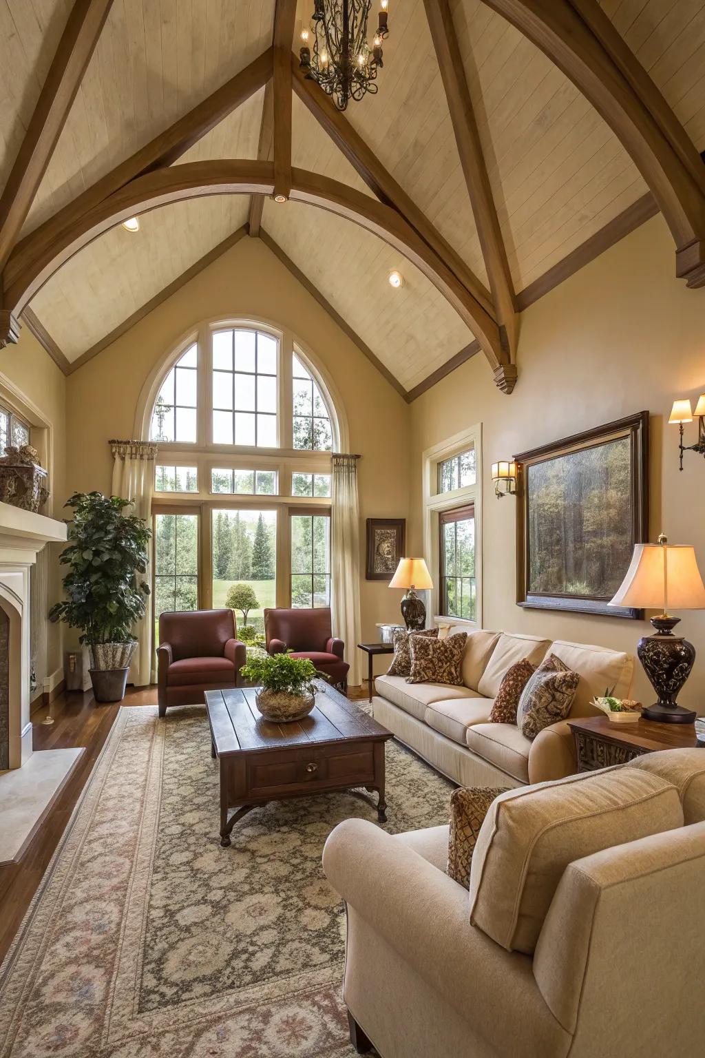 Cozy seating enhances the comfort of a high ceiling.