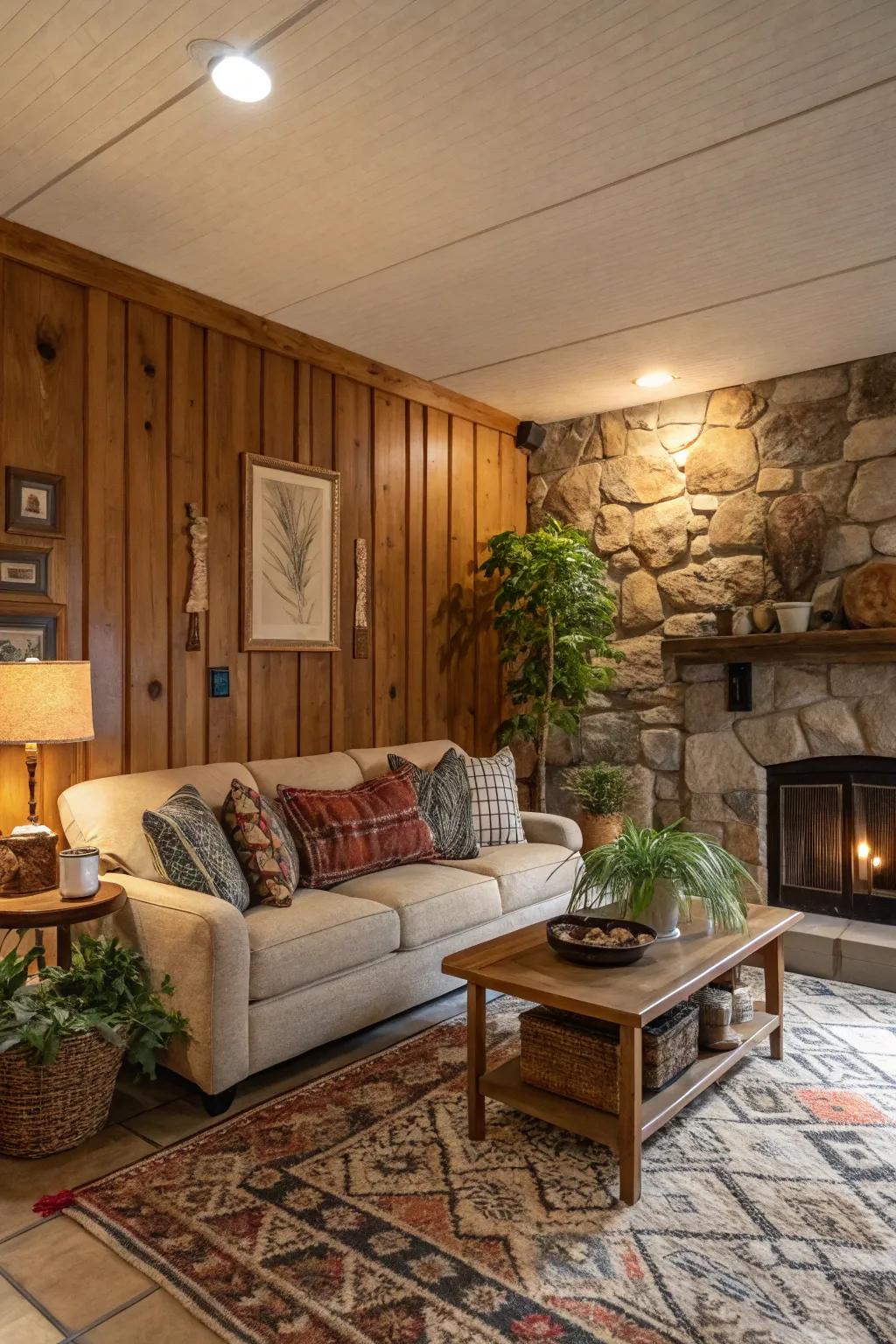 A mix of wood and stone creates a rich, layered look.